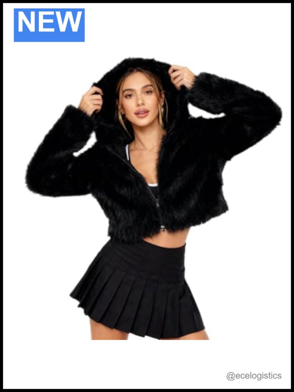 Women's Cropped Faux Fur Hooded Zip Up Coat Jacket